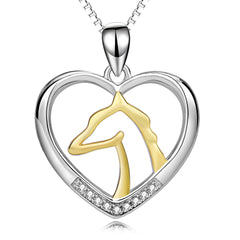 Heart Pendant, Gold-Plated Horse Head, 925 Silver Necklace