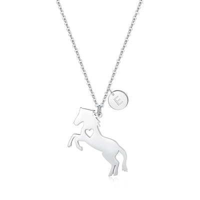 AOAMID Horse Necklace for FemaleInitial Necklaces for Women Small and Dainty 26 Letters Pendant Necklace 14k Gold Filled or Silver Horse charm with Disc Initial Necklace Gifts (E-Silver)