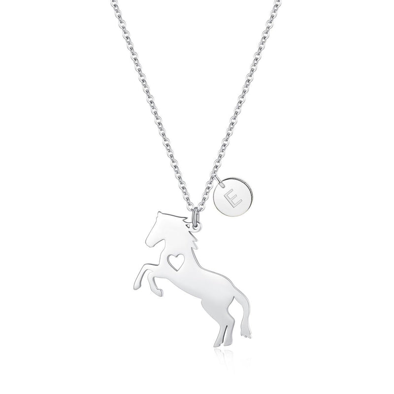 AOAMID Horse Necklace for FemaleInitial Necklaces for Women Small and Dainty 26 Letters Pendant Necklace 14k Gold Filled or Silver Horse charm with Disc Initial Necklace Gifts (E-Silver)